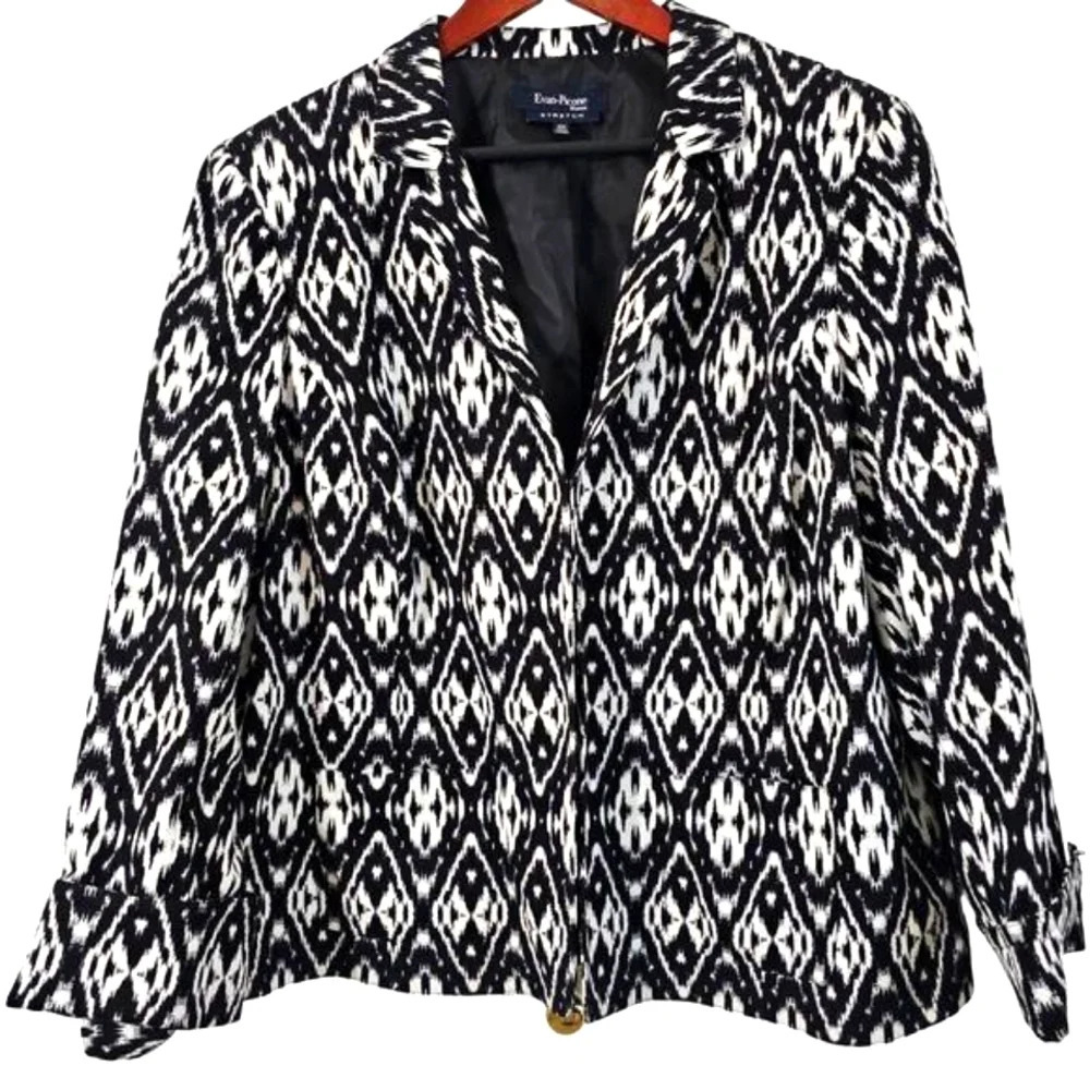 Evan Picone Blazer 20W Black/White Abstract Print Lined Plus‎ Size Long Sleeve